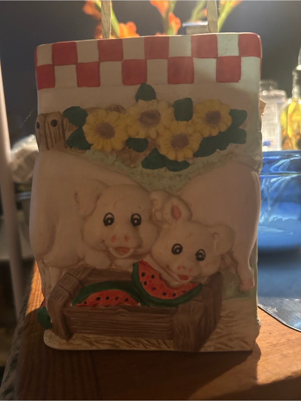 Ceramic Pig Figurine Bag with Watermelon and Sunflowers